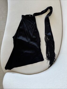 Zara Black Satin Fringe Halter Top